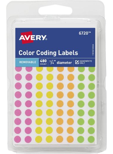 Avery Round Color Coding Labels, 0.25 Inch Diameter, Assorted Removable, Pack of 480 (6720)